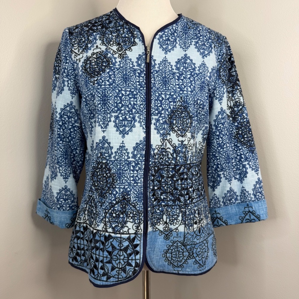 Coldwater Creek Blue Tile Print Embroidered Linen Blend Zip Jacket Womens‎ 8